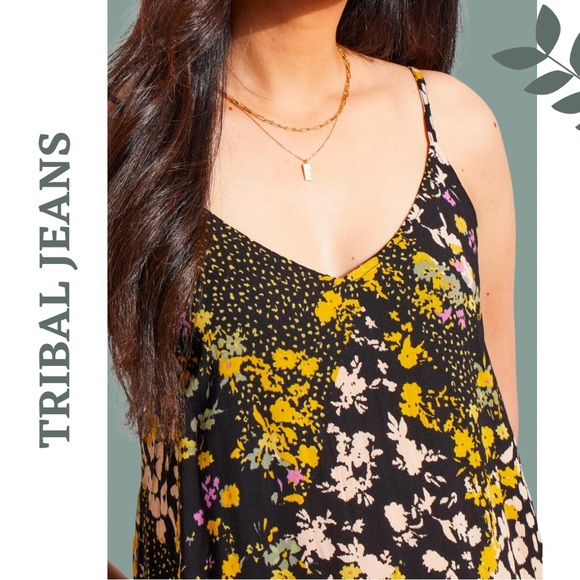 Tribal Jeans Floral Print Maxi Dress Back Elastic Smocking Black Yellow Size XS - Picture 4 of 14